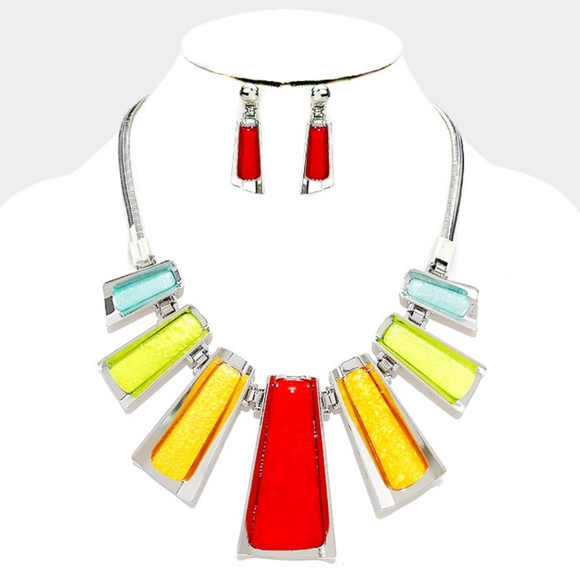 NEW Multi Colorful Epoxy Geo Bar Metal Snake Silver Chain Necklace - Picture 7 of 8